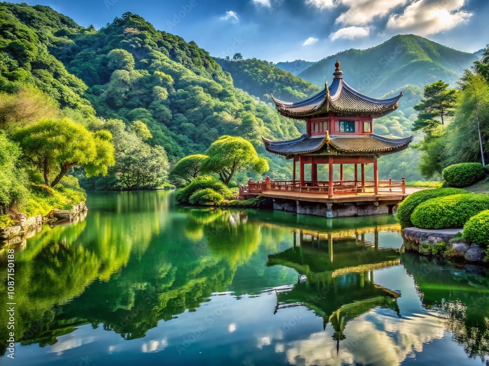 Serene Landscape Photography Featuring Chinoiserie Patterns with Lush Greenery, Tranquil Waters, and Elegant Architectural Elements in a Harmonious Natural Setting Serene Landscape Photography Featuring Chinoiserie Patterns with Lush Greenery, Tranquil Waters, and Elegant Architectural Elements in a Harmonious Natural Setting