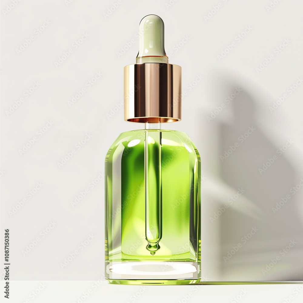 Naklejka premium Generate Photo-Realistic Images SÃ©rum Hydratant Ã&nbsp; l'Aloe Vera A sleek bottle of Age-Defying Serum, made of glass with a golden dropper, filled with a radiant, generative ai