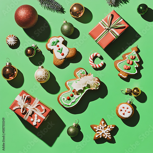 Festive Arrangement of Colorful Christmas Cookies, Gifts, and Ornaments on a Bright Green Background Perfect for Holiday Celebrations and Decorations