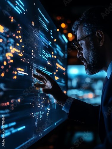 Man interacting with digital data interface.