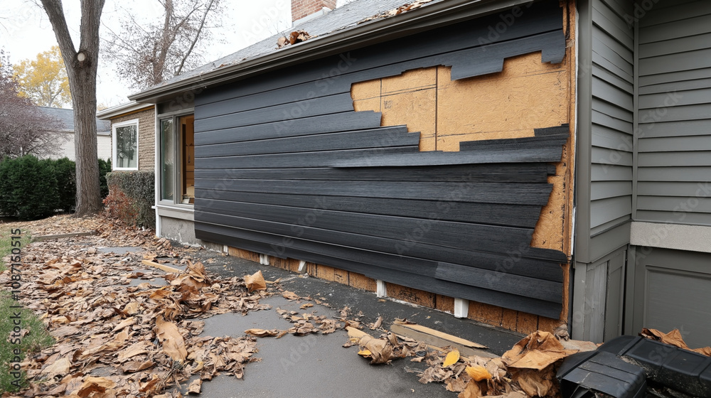 Exterior of a house with damaged siding and exposed insulation, surrounded by fallen leaves on the ground during autumn season