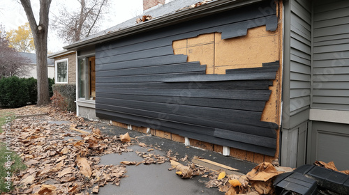 Obraz na płótnie Exterior of a house with damaged siding and exposed insulation, surrounded by fallen leaves on the ground during autumn season w salonie