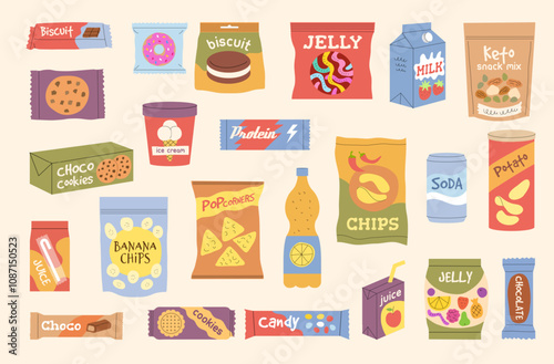 Snack in packages. Fast food in containers fast drinks in bottles different junk food chocolate bars crisps candies recent vector snack collection