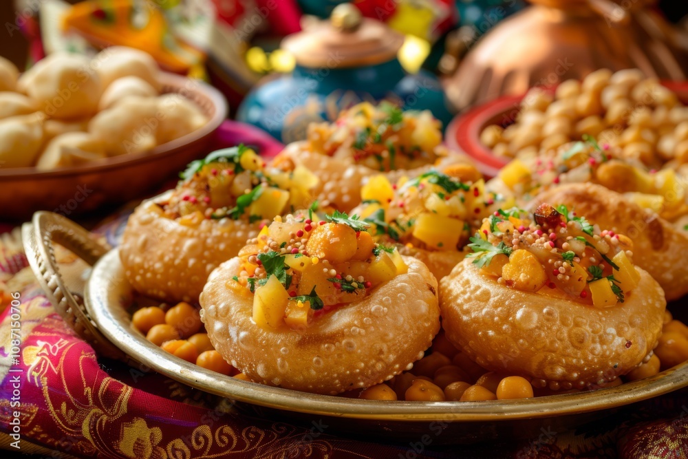 Colorful and Festive Platter of Freshly Made Indian Street Food Snacks with Vibrant Spices and Toppings for a Delightful Celebration Setup Colorful and Festive Platter of Freshly Made Indian Street Food Snacks with Vibrant Spices and Toppings for a Delightful Celebration Setup