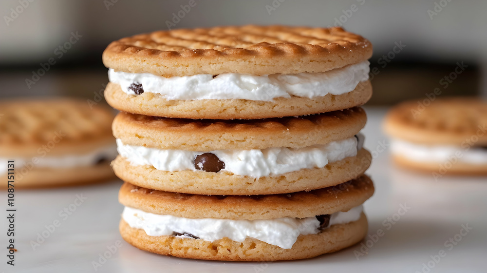 A Stack of Homemade Cream-Filled Cookies with Chocolate Chips, Ready to be Enjoyed