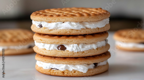 A Stack of Homemade Cream-Filled Cookies with Chocolate Chips, Ready to be Enjoyed