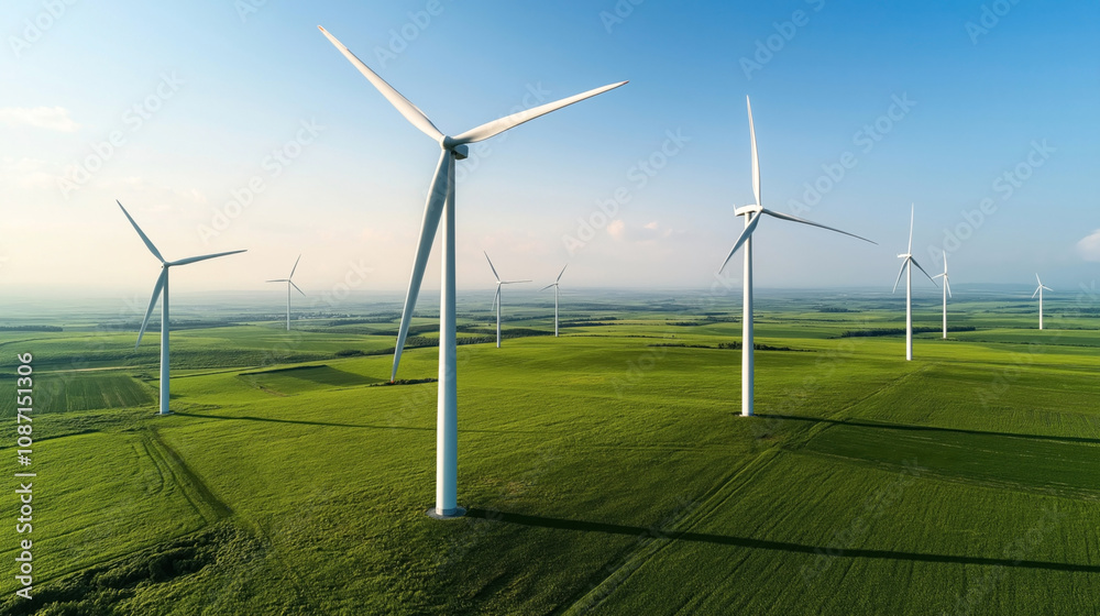 Aerial view of large wind turbines on a green field with blue sky, representing renewable energy and sustainability in a rural landscape.