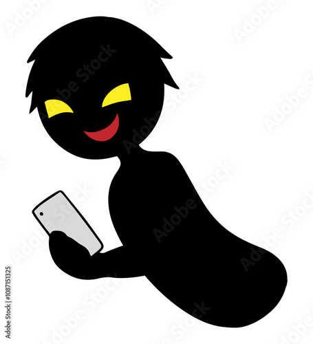 スマホを持った黒色のシルエットの悪人イメージの素材