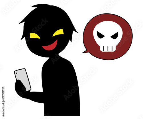 スマホを持った黒色のシルエットの悪人イメージの素材