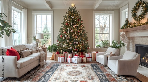 Stunning Christmas Tree in a Warm Living Room  Dressed with Sparkling Ornaments and Surrounded by Thoughtfully Wrapped Gifts for an Inviting Holiday