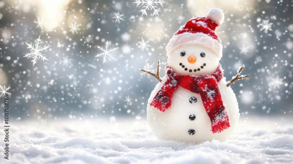 Cheerful Snowman with Red Scarf and Hat Surrounded by Falling Snowflakes Amidst a Winter Wonderland Landscape for Holiday Celebrations Cheerful Snowman with Red Scarf and Hat Surrounded by Falling Snowflakes Amidst a Winter Wonderland Landscape for Holiday Celebrations