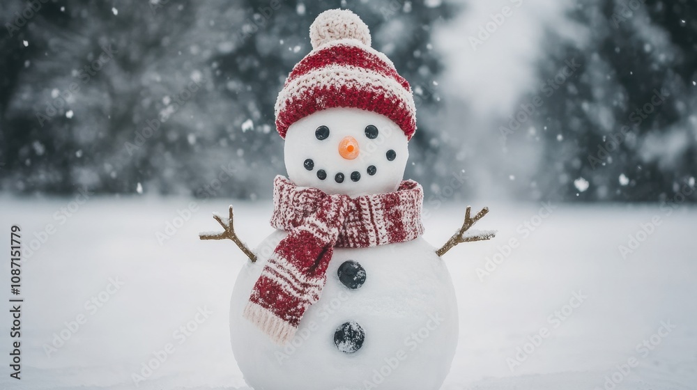 Fototapeta premium Charming Snowman Displaying Cheerful Expression Surrounded by Gentle Falling Snowflakes in a Winter Wonderland Setting