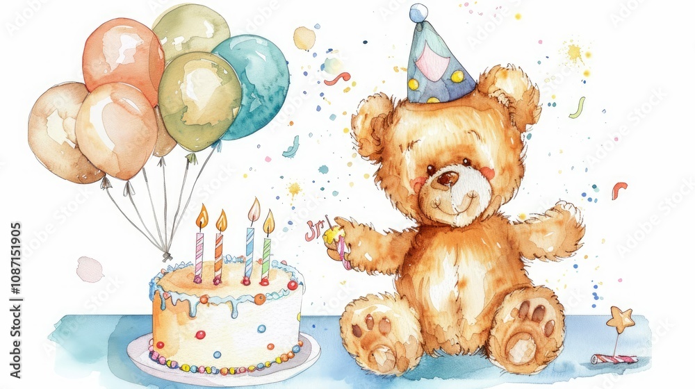Fototapeta premium A cute, smiling teddy bear wearing a birthday hat and holding balloons
