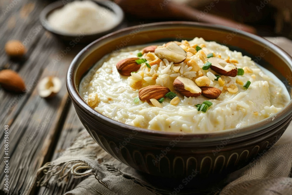 Delicious Indian Kheer Rice Pudding Served in a Bowl, Topped with Almonds and Nuts for a Traditional Sweet Dessert Experience Delicious Indian Kheer Rice Pudding Served in a Bowl, Topped with Almonds and Nuts for a Traditional Sweet Dessert Experience