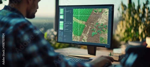 Precision Agriculture: Farmer Analyzing Aerial Imagery on Computer