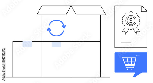 Boxes set for delivery, topped with return sign, next to checkout icon and quality certificate. Ideal for e-commerce, logistics, delivery services, online shopping, quality assurance, returns
