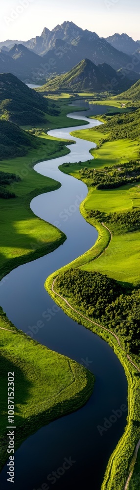 A stunning aerial view of a winding river cutting through lush green landscapes and majestic mountains, showcasing the beauty of nature. A stunning aerial view of a winding river cutting through lush green landscapes and majestic mountains, showcasing the beauty of nature.