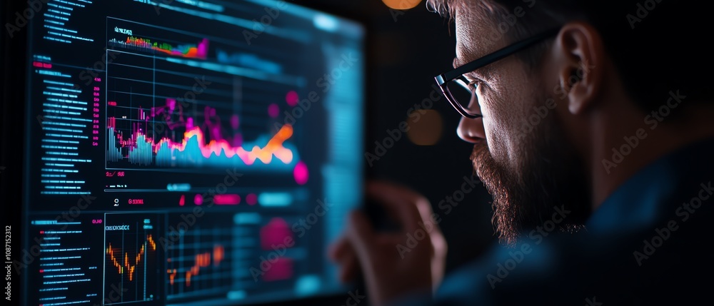 Man analyzing data on a high-tech screen. Man analyzing data on a high-tech screen.