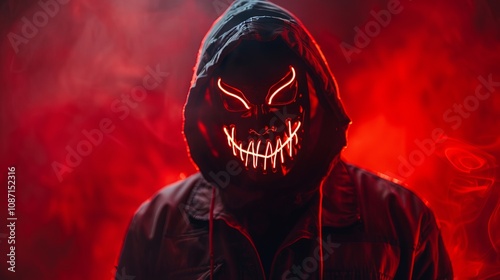 A person wearing an eerie glowing neon mask and a hood, illuminated by intense, angry lighting, set against a dark red background. Halloween and horror theme