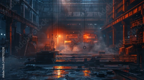 A vast, dimly lit workshop inside a metallurgical plant, showcasing the industrial process of steel production. The interior of the steel mill reflects the heavy industry environment of a bustling fou photo