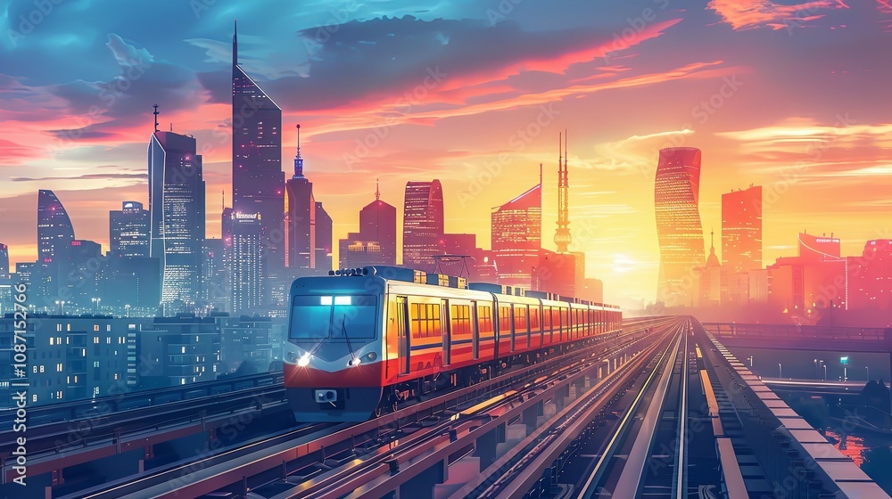 metro train on rails at background of skyscrapers metro train on rails at background of skyscrapers