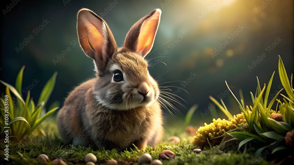 A charming fluffy rabbit is sitting in the grass Brown Bunny with Joyful Expression Guarding Easter Treasures Among Spring Blooms A charming fluffy rabbit is sitting in the grass Brown Bunny with Joyful Expression Guarding Easter Treasures Among Spring Blooms