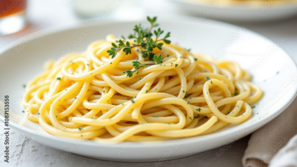 A close-up photo of a plate filled with cooked yellow Mafaldine noodles garnished with parsley. A close-up photo of a plate filled with cooked yellow Mafaldine noodles garnished with parsley.