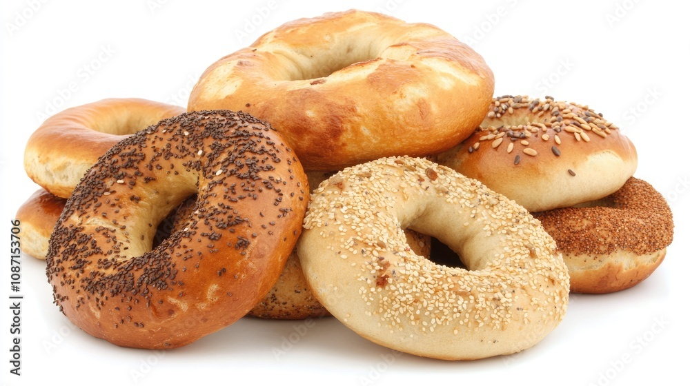 Fresh Variety of Delicious Bagels on a White Background Fresh Variety of Delicious Bagels on a White Background