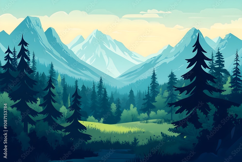 Fototapeta premium Beautiful autumn mountain landscape. Vector illustration. winter Vector art style landscape. Sunset in mountains illustration, nature, vector, background, hill, sky, mountain, tree, environment,