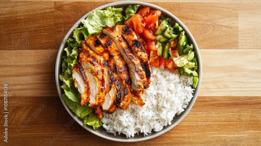 Fototapeta premium Grilled Chicken with Rice and Fresh Vegetables