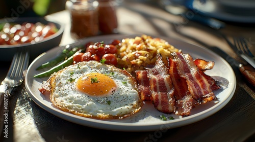 Delicious breakfast plate with fried egg, crispy bacon, and fresh vegetables.