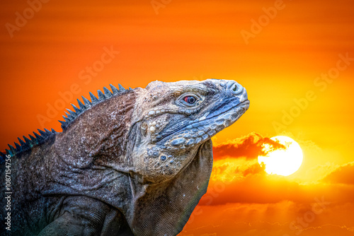 Jamaican Iguana in Sunset Glow: Close-Up of Reptile with Vibrant Background