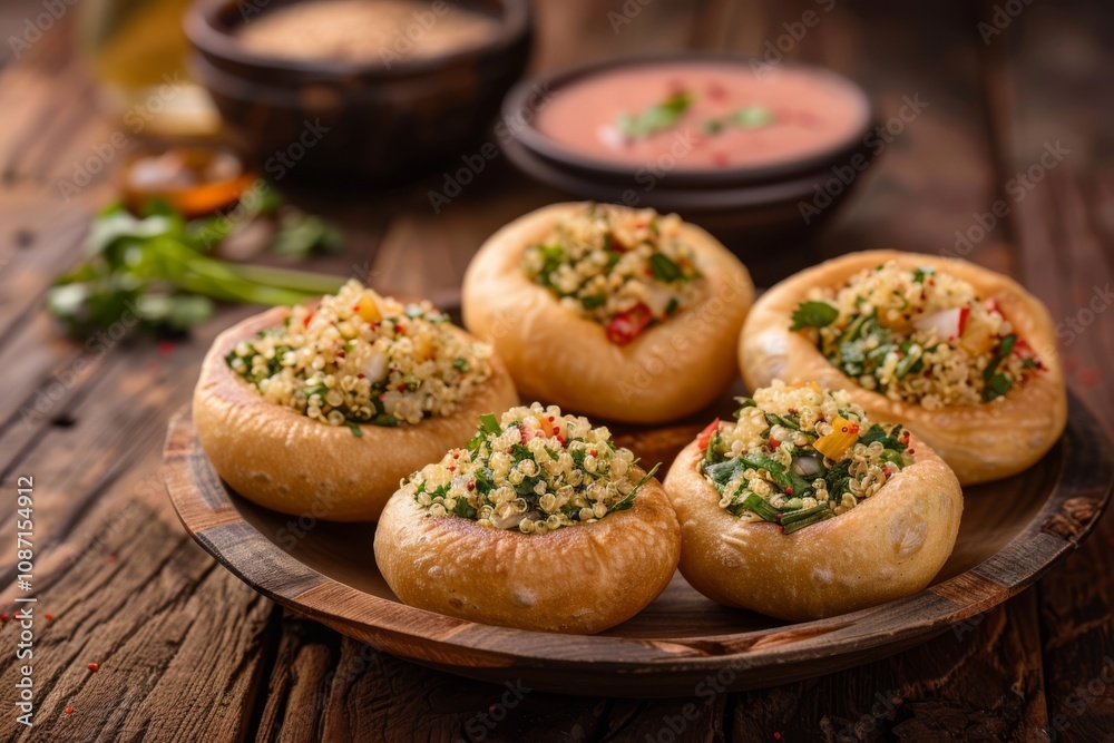 Freshly Baked Pani Puri Variants Filled with Quinoa and Vegetables on a Wooden Table with Indulgent Sauces in the Background Freshly Baked Pani Puri Variants Filled with Quinoa and Vegetables on a Wooden Table with Indulgent Sauces in the Background