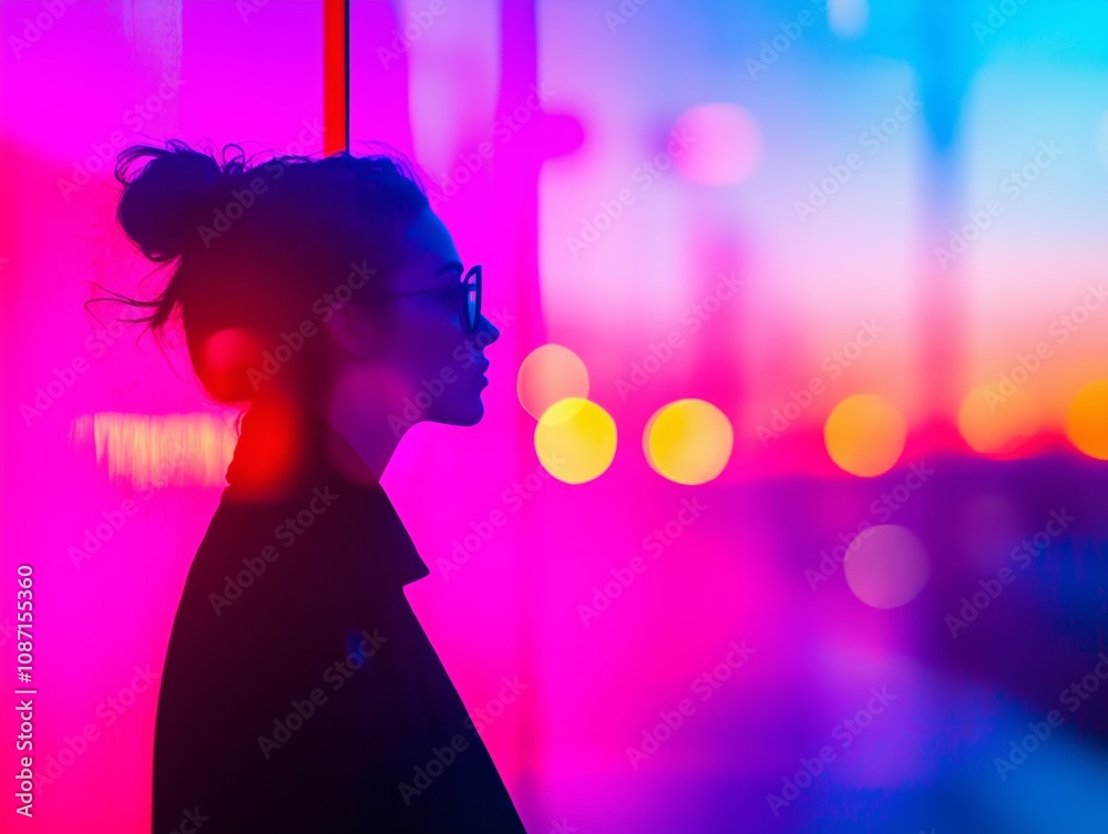 Silhouetted Woman in Vibrant Neon Lighting with Abstract Urban Glow Silhouetted Woman in Vibrant Neon Lighting with Abstract Urban Glow