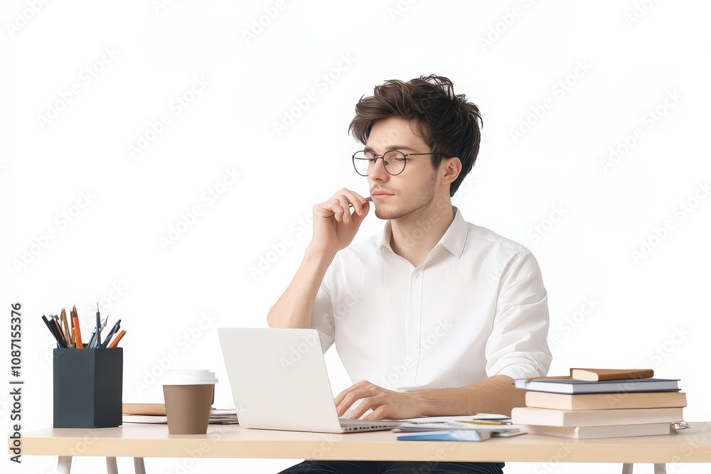 Young man in white shirt working on laptop at desk with books, coffee, and stationery, deep in thought and planning his projects in a bright workspace Young man in white shirt working on laptop at desk with books, coffee, and stationery, deep in thought and planning his projects in a bright workspace