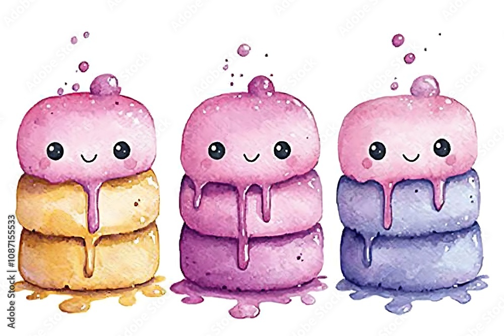 Obraz premium Adorable Watercolor Illustration of Three Stacked Kawaii Ice Cream Treats with Melting Drips.