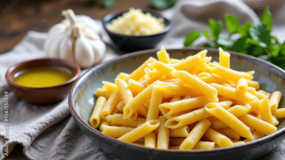 Mafaldine pasta with grated cheese ready to eat on a plate. Mafaldine pasta with grated cheese ready to eat on a plate.