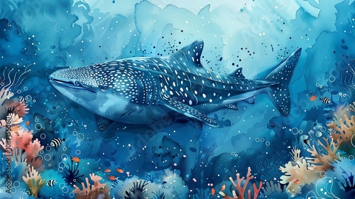 A whale shark swimming through an underwater coral reef scene, depicted in watercolor style on a blue paper-patterned background. The design is featured on a card and poster, showcasing the ocean in 