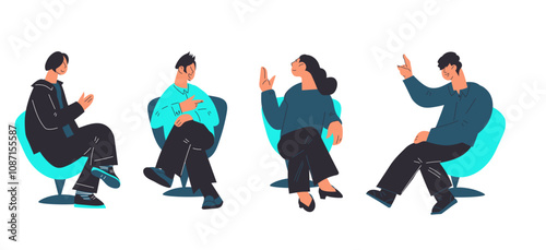 People speak at a conference or forum, business event. People sit in chairs and take part in discussions and debates, speakers experts, flat vector illustration isolated on white background.