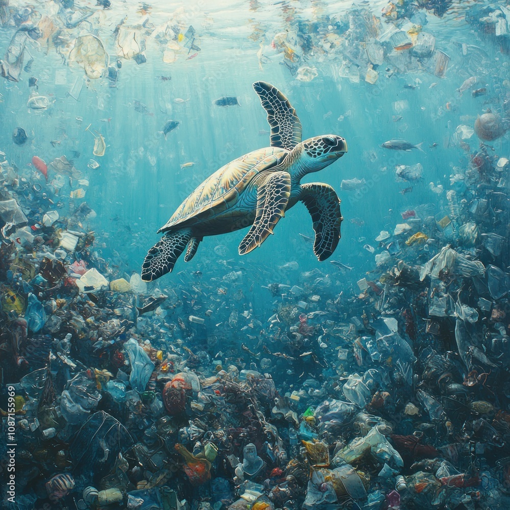 Obraz premium A Sea Turtle Swims Through a Sea of Plastic Waste