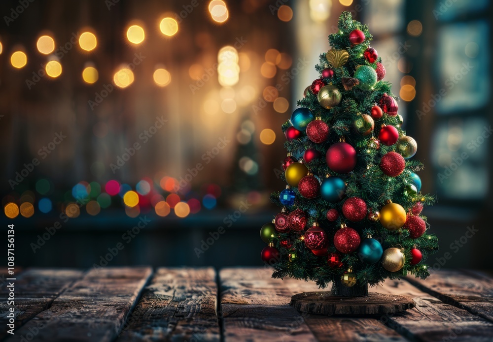 Christmas background. A Christmas tree with many colorful ornaments sits on a wooden table. The tree is surrounded by a warm, festive atmosphere, and the bright colors of the ornaments create a sense Christmas background. A Christmas tree with many colorful ornaments sits on a wooden table. The tree is surrounded by a warm, festive atmosphere, and the bright colors of the ornaments create a sense