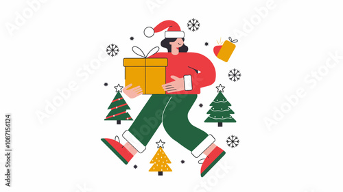 A person in a Santa hat joyfully holding a gift box, surrounded by festive decorations like snowflakes and Christmas trees.