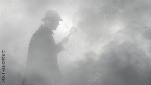 Silhouette of Sherlock Holmes holding a magnifying glass in fog, mysterious and investigative mood