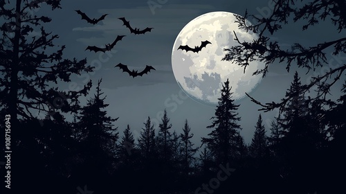 Halloween Night with Full Moon and Bats