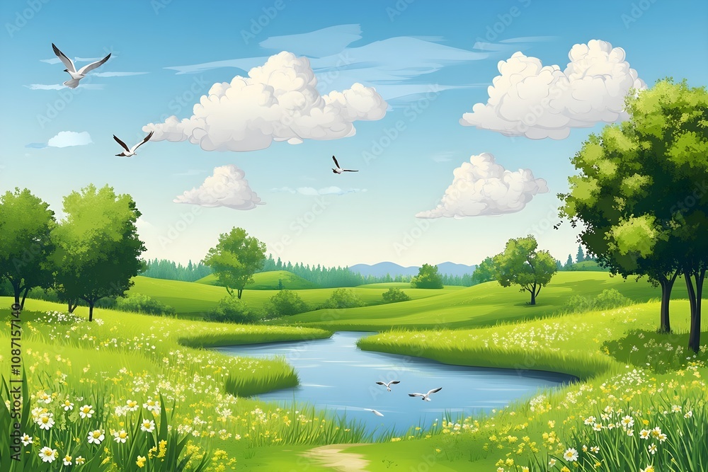 Obraz premium Beautiful landscape vector illustration of mountains, forests, fields and meadows. Stunning panoramic farm landscape with mountains in the background. Natural landscape