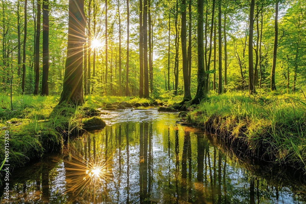 Fototapeta premium Serene Forest Scene with Sunlight Reflected on a Tranquil Stream