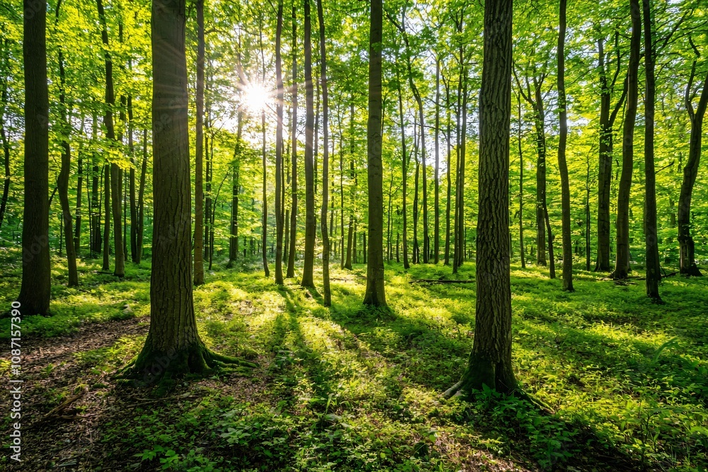 Serene Sunlit Forest: Nature's Tranquil Beauty in Green Serene Sunlit Forest: Nature's Tranquil Beauty in Green
