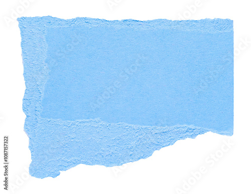 Isolated cut out torn piece of blank blue paper note cardboard with texture and copy space for text, transparent png background design element