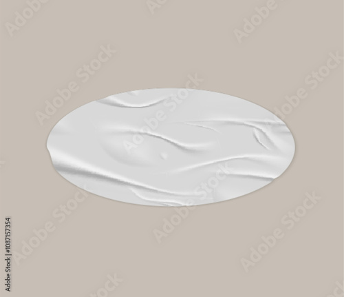 Glued wrinkles round white paper sticker vector realistic icon, oval label tape crumpled texture, empty adhesive tag