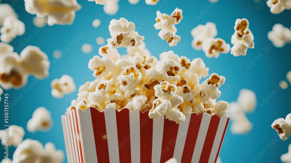Close up of fluffy buttery popcorn spilling out of striped container, creating fun and playful scene. vibrant blue background enhances joyful atmosphere Close up of fluffy buttery popcorn spilling out of striped container, creating fun and playful scene. vibrant blue background enhances joyful atmosphere